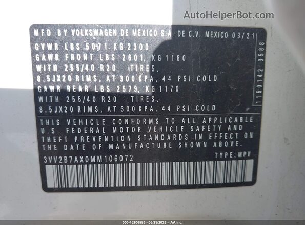 3VV2B7AX0MM106072 2021 VOLKSWAGEN TIGUAN White 