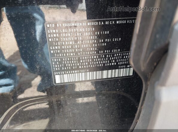 3VV2B7AX0NM070014 2022 VOLKSWAGEN TIGUAN Черный 