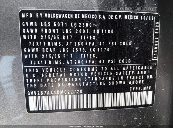3VV2B7AX1KM027720 2019 VOLKSWAGEN TIGUAN Gray Vista del compartimento del motor