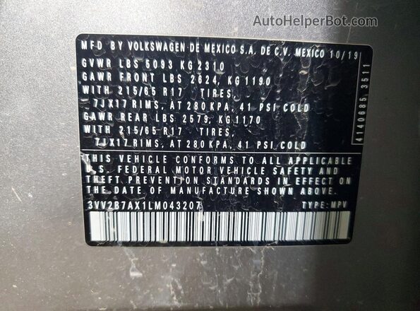 3VV2B7AX1LM043207 2020 VOLKSWAGEN TIGUAN Silver Вид наклейки з VIN-кодом