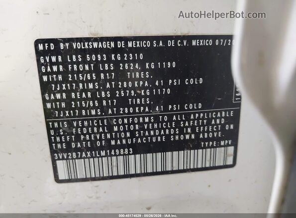3VV2B7AX1LM149883 2020 VOLKSWAGEN TIGUAN White Vista del compartimento del motor