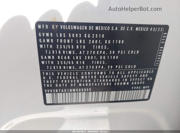 3VV2B7AX1NM089655 2022 VOLKSWAGEN TIGUAN White 