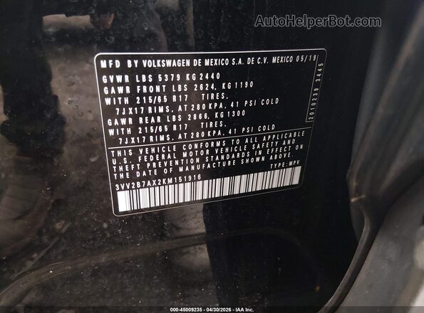 3VV2B7AX2KM151916 2019 VOLKSWAGEN TIGUAN Black ძრავის განყოფილების ხედი