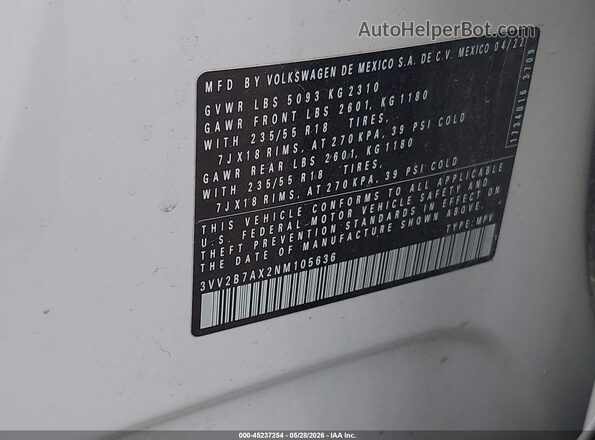 3VV2B7AX2NM105636 2022 VOLKSWAGEN TIGUAN White Շարժիչի բաժամունքի տեսք