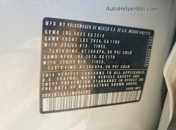 3VV2B7AX3JM004292 2018 VOLKSWAGEN TIGUAN White 
