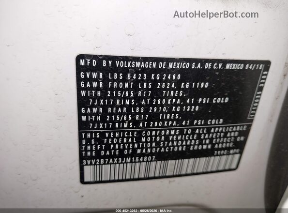 3VV2B7AX3JM154807 2018 VOLKSWAGEN TIGUAN Белый Вид подкапотного пространства