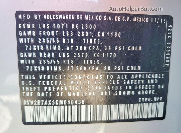 3VV2B7AX3KM048438 2019 VOLKSWAGEN TIGUAN Белый Панорамный вид салона 360°