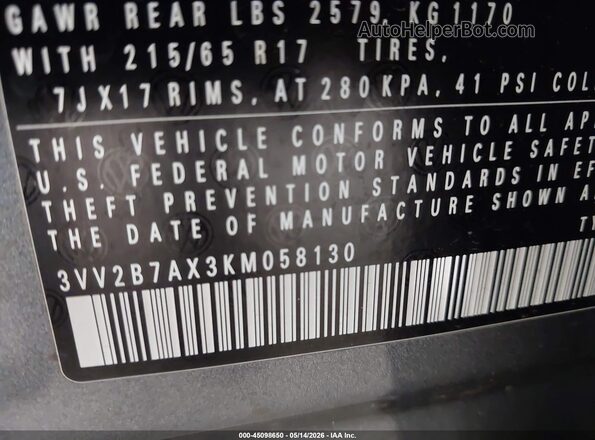 3VV2B7AX3KM058130 2019 VOLKSWAGEN TIGUAN Gray ძრავის განყოფილების ხედი