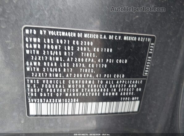 3VV2B7AX3KM102384 2019 VOLKSWAGEN TIGUAN Gray 