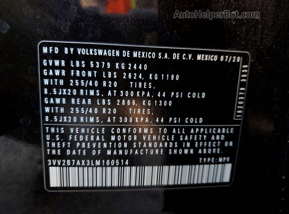 3VV2B7AX3LM160514 2020 VOLKSWAGEN TIGUAN Black 360 interior view