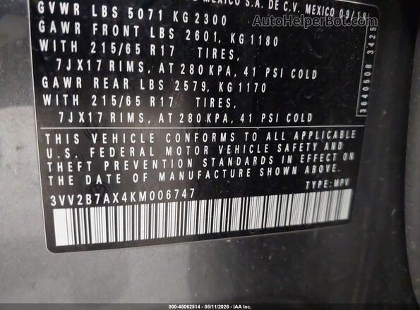 3VV2B7AX4KM006747 2019 VOLKSWAGEN TIGUAN Gray Widok komory silnika