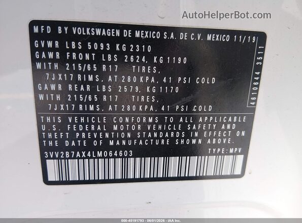 3VV2B7AX4LM064603 2020 VOLKSWAGEN TIGUAN Белый Вид подкапотного пространства