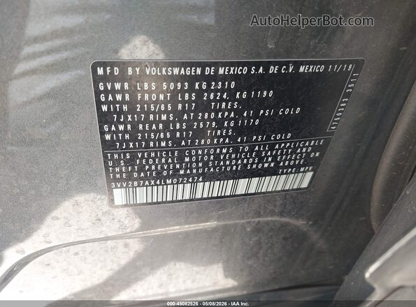 3VV2B7AX4LM072474 2020 VOLKSWAGEN TIGUAN Blue Շարժիչի բաժամունքի տեսք