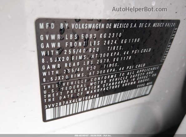 3VV2B7AX4LM166449 2020 VOLKSWAGEN TIGUAN White Widok komory silnika