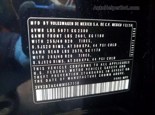 3VV2B7AX4MM057118 2021 VOLKSWAGEN TIGUAN Black 360 interior view