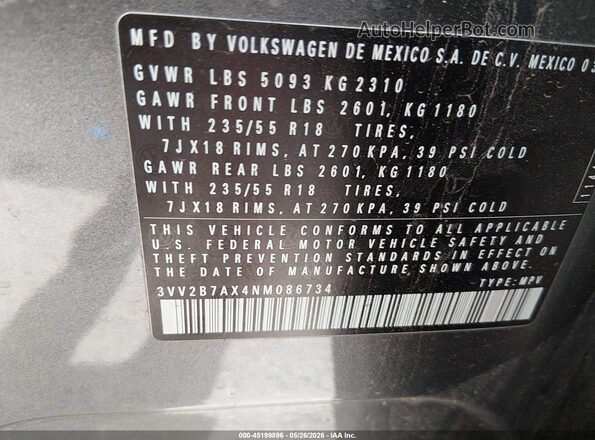 3VV2B7AX4NM086734 2022 VOLKSWAGEN TIGUAN Gray Engine compartment view
