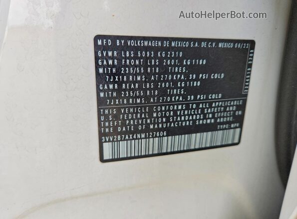 3VV2B7AX4NM127606 2022 VOLKSWAGEN TIGUAN White 