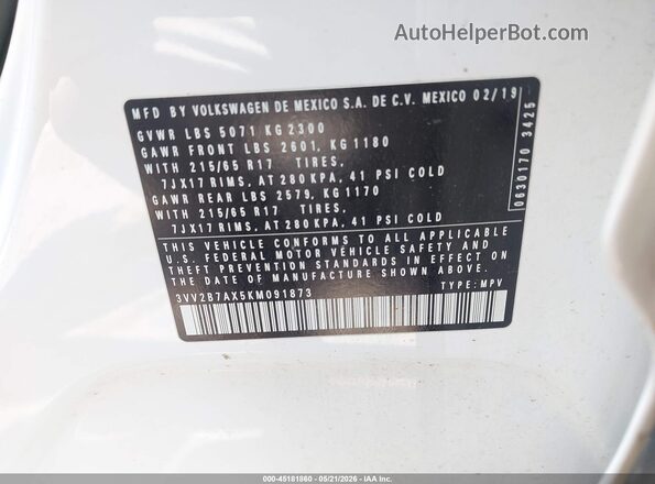3VV2B7AX5KM091873 2019 VOLKSWAGEN TIGUAN Белый Вид подкапотного пространства