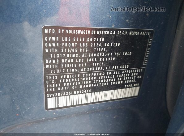 3VV2B7AX5LM012414 2020 VOLKSWAGEN TIGUAN Blue 