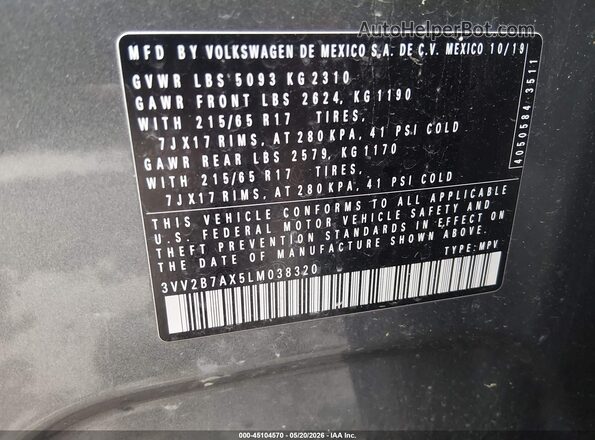 3VV2B7AX5LM038320 2020 VOLKSWAGEN TIGUAN Gray ძრავის განყოფილების ხედი