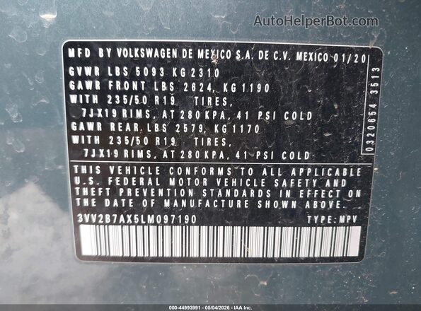 3VV2B7AX5LM097190 2020 VOLKSWAGEN TIGUAN Green Vista del compartimento del motor