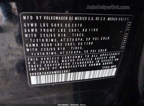 3VV2B7AX5NM002887 2022 VOLKSWAGEN TIGUAN Black Շարժիչի բաժամունքի տեսք