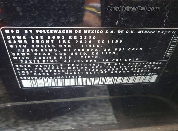 3VV2B7AX6JM011110 2018 VOLKSWAGEN TIGUAN Gray VIN կոդի պիտակի տեսք