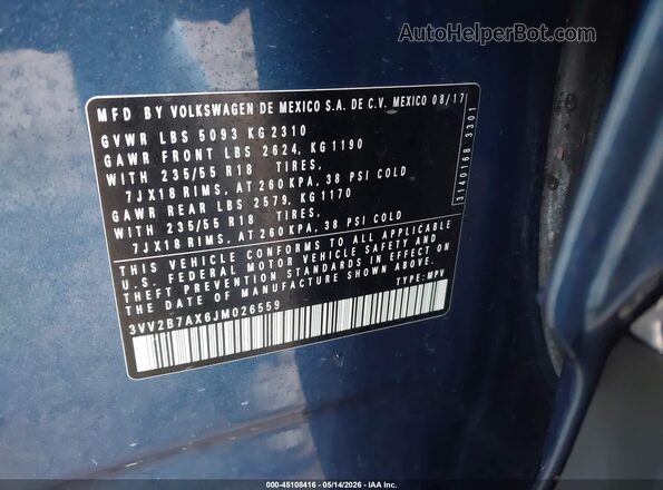3VV2B7AX6JM026559 2018 VOLKSWAGEN TIGUAN Blue Engine compartment view