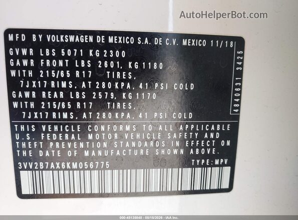 3VV2B7AX6KM056775 2019 VOLKSWAGEN TIGUAN White ძრავის განყოფილების ხედი