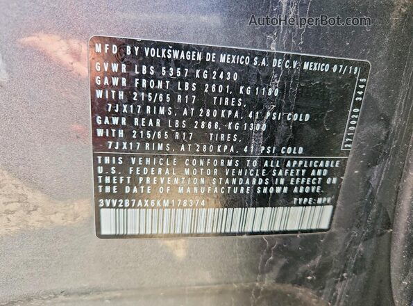 3VV2B7AX6KM178374 2019 VOLKSWAGEN TIGUAN Silver 