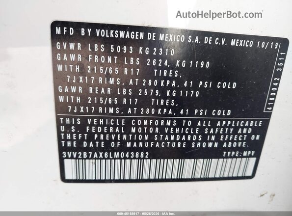 3VV2B7AX6LM043882 2020 VOLKSWAGEN TIGUAN White Вид підкапотного простору