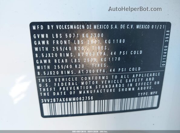 3VV2B7AX6MM062756 2021 VOLKSWAGEN TIGUAN White Engine compartment view