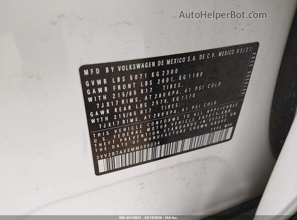 3VV2B7AX6MM096034 2021 VOLKSWAGEN TIGUAN White Вид підкапотного простору