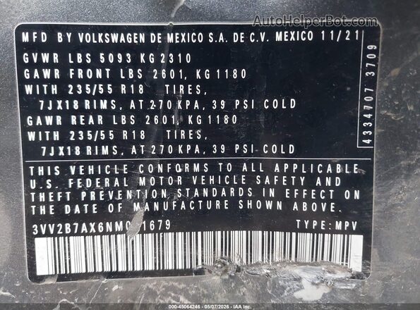 3VV2B7AX6NM041679 2022 VOLKSWAGEN TIGUAN Gray 