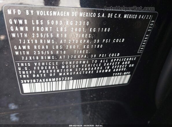 3VV2B7AX6NM097380 2022 VOLKSWAGEN TIGUAN Black 
