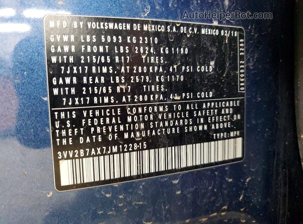 3VV2B7AX7JM122815 2018 VOLKSWAGEN TIGUAN Blue Widok naklejki z numerem VIN