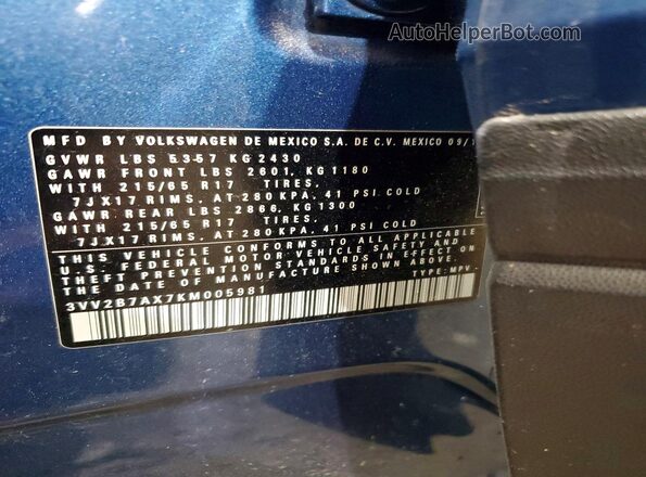 3VV2B7AX7KM005981 2019 VOLKSWAGEN TIGUAN Blue Vista interior de 360 grados