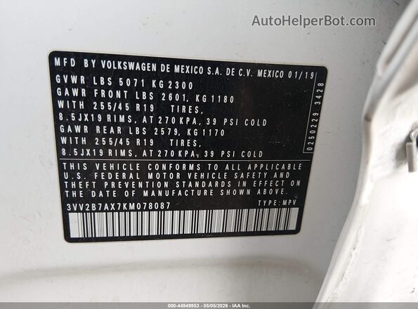 3VV2B7AX7KM078087 2019 VOLKSWAGEN TIGUAN White ძრავის განყოფილების ხედი