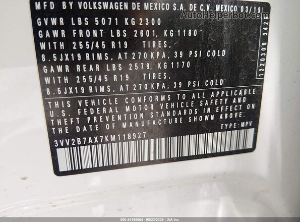 3VV2B7AX7KM118927 2019 VOLKSWAGEN TIGUAN White Widok komory silnika