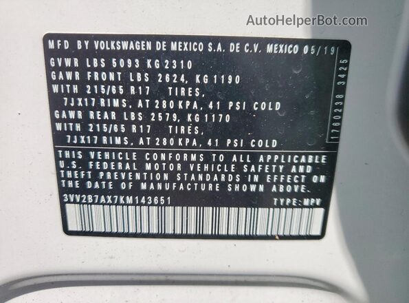 3VV2B7AX7KM143651 2019 VOLKSWAGEN TIGUAN White VIN კოდის სტიკერის ხედი