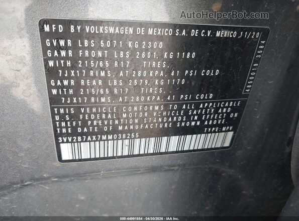 3VV2B7AX7MM038255 2021 VOLKSWAGEN TIGUAN Gray Vista del compartimento del motor