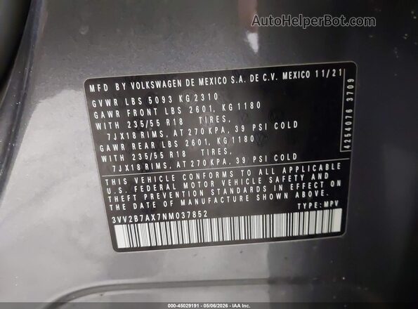 3VV2B7AX7NM037852 2022 VOLKSWAGEN TIGUAN Gray 