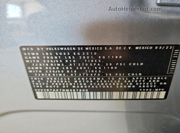 3VV2B7AX7NM087800 2022 VOLKSWAGEN TIGUAN Gray 