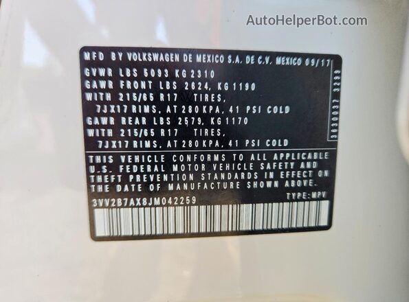 3VV2B7AX8JM042259 2018 VOLKSWAGEN TIGUAN White 