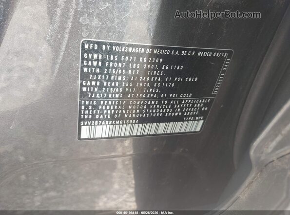 3VV2B7AX8KM016004 2019 VOLKSWAGEN TIGUAN Серый Вид подкапотного пространства