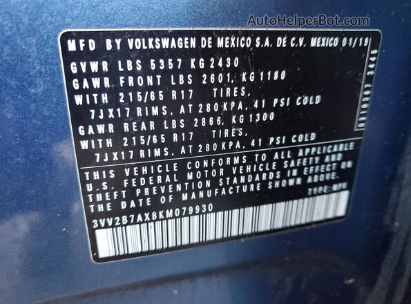 3VV2B7AX8KM079930 2019 VOLKSWAGEN TIGUAN Blue Սալոնի 360 աստիճան տեսք