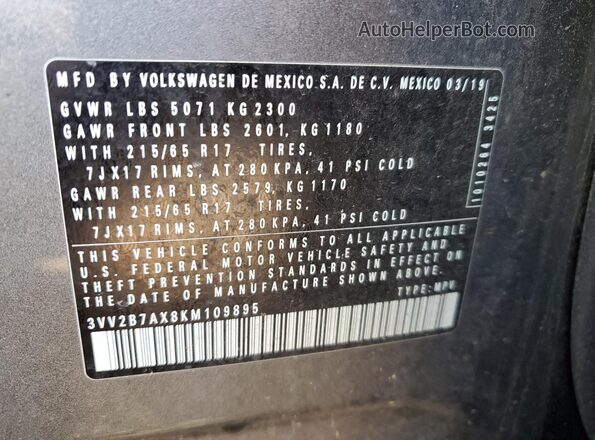 3VV2B7AX8KM109895 2019 VOLKSWAGEN TIGUAN Charcoal Widok naklejki z numerem VIN