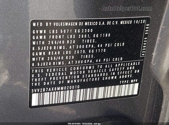 3VV2B7AX8MM020010 2021 VOLKSWAGEN TIGUAN Gray Widok komory silnika