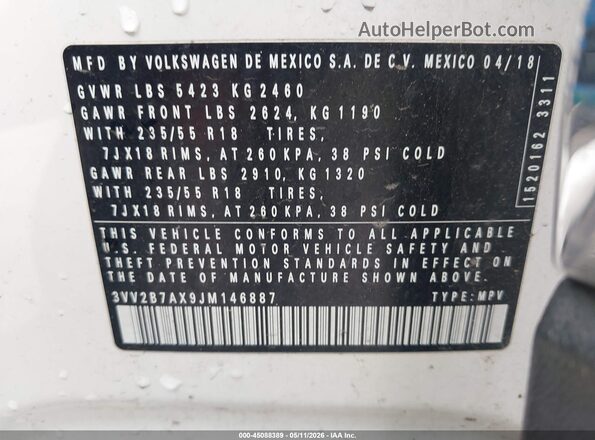 3VV2B7AX9JM146887 2018 VOLKSWAGEN TIGUAN Белый 