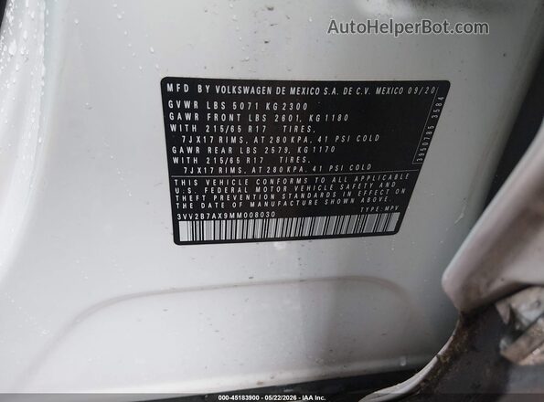 3VV2B7AX9MM008030 2021 VOLKSWAGEN TIGUAN Белый Вид подкапотного пространства